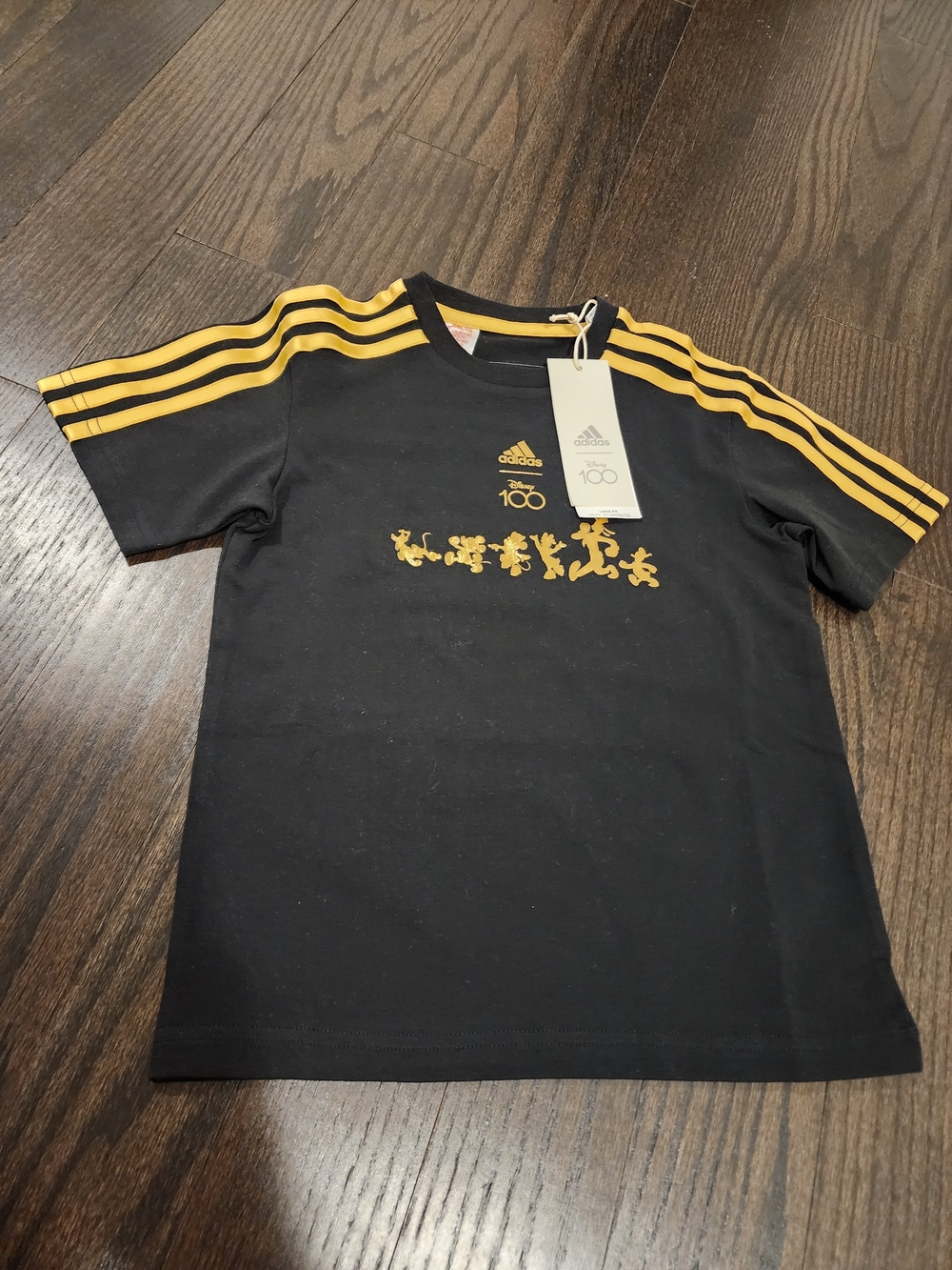 adidas Black Tee with Gold Stripes and Disney Graphic